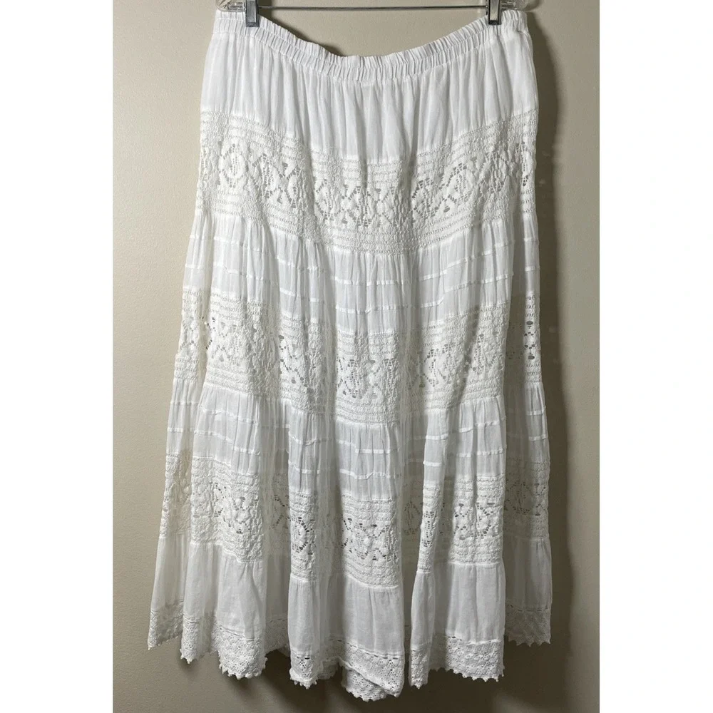 Decorated Originals Women's Size 3X White Cotton Boho Peasant Crochet Skirt